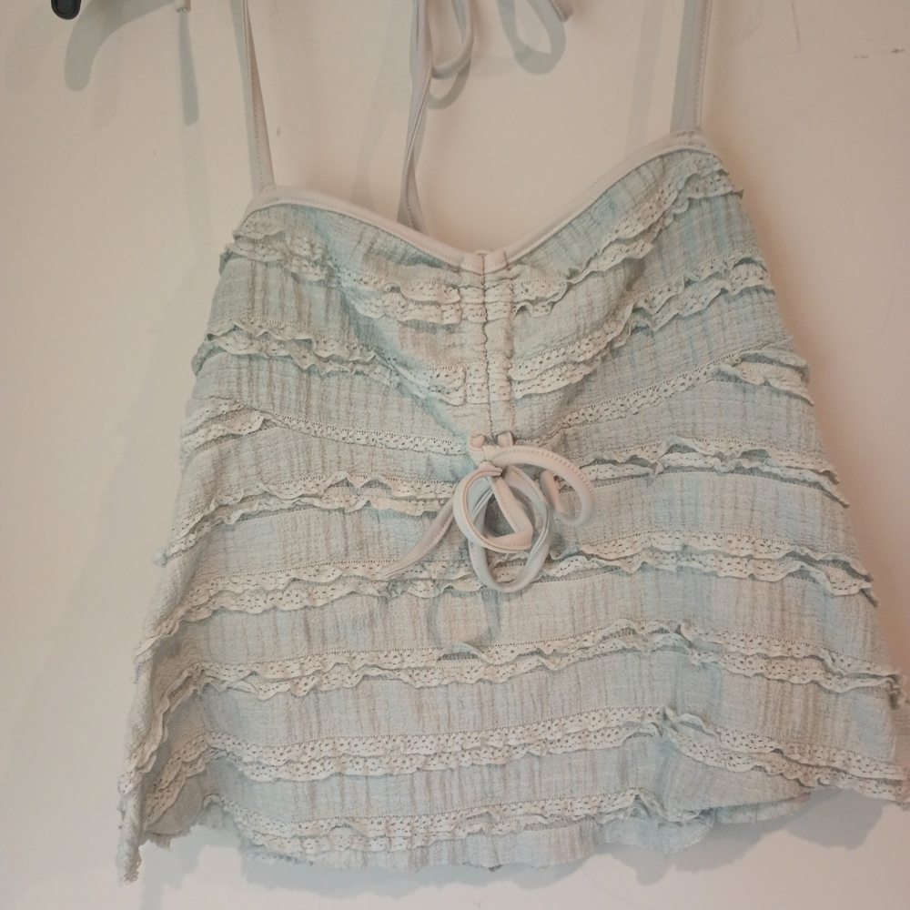 SHEIN Mint Green Textured Ruffle Halter Top Lace Trim Boho Cami Size Small S